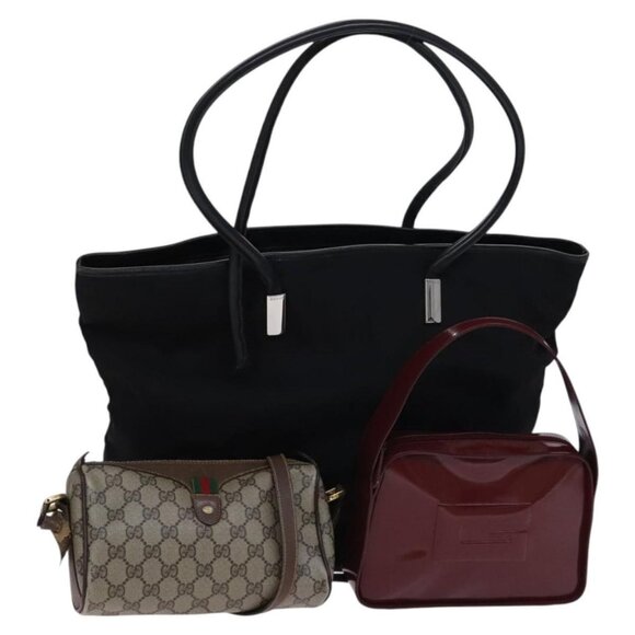 GUCCI GG Supreme Tote Bag Nylon 3Set Black Beige Red Auth EC997